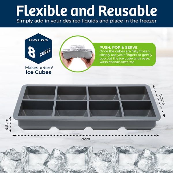 8 Cube Grey Silicone Ice Mould Maker Tray - 21cm x 11.3cm x 2.5cm