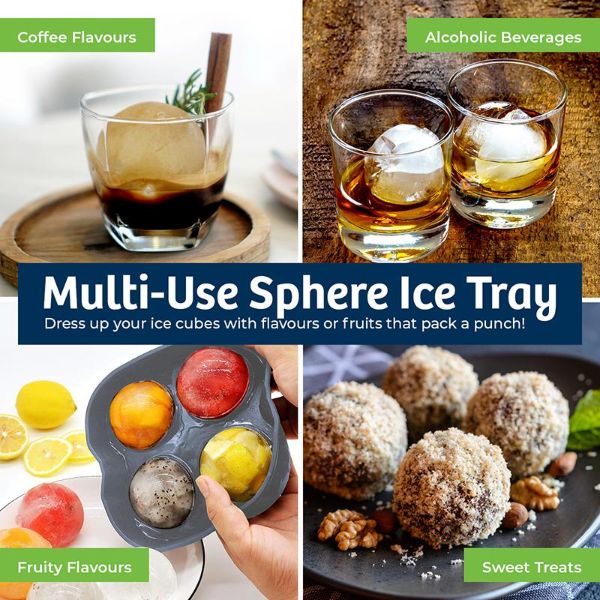 4 Sphere Grey Silicone Ice Tray - 12cm x 12cm x 4.5cm