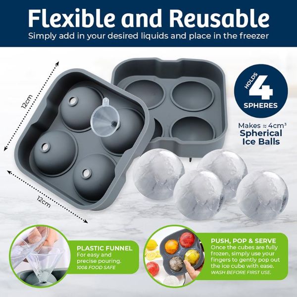 4 Sphere Grey Silicone Ice Tray - 12cm x 12cm x 4.5cm