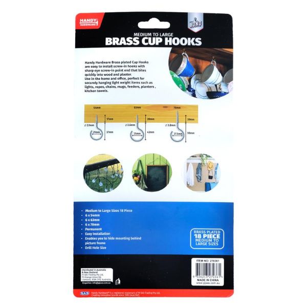 18 Pack Medium - Large Brass Cup Hooks