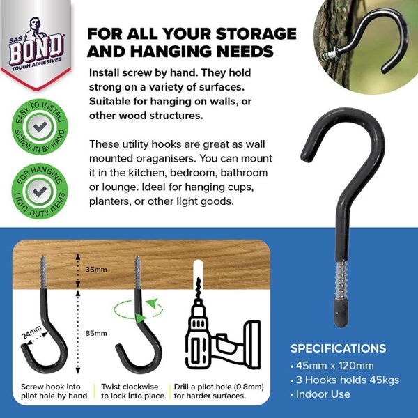 3 Pack Black Round Screw Hook - 11.5cm x 4.5cm