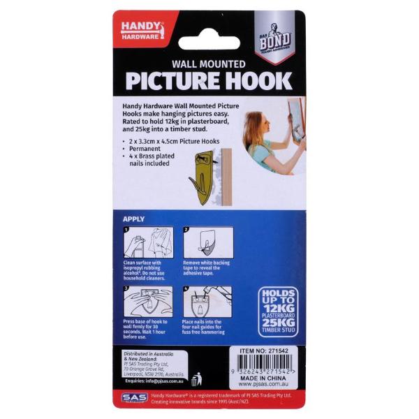 2 Pack Brass Plated Wall Mounted Hook Picture