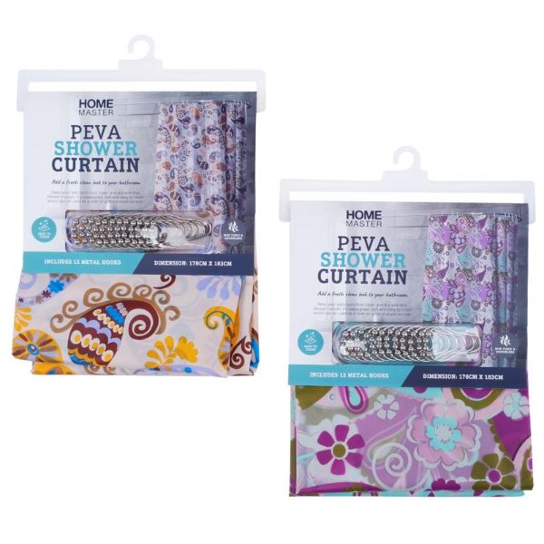 Peva Shower Curtain With 12 Metal Hooks - 178cm x 183cm