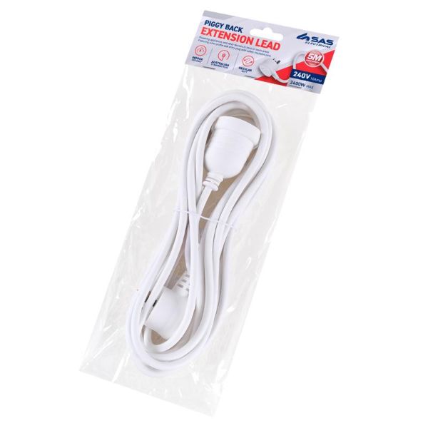 White 240V 10A Max Load 240W Piggy Back Extension Lead - 5m