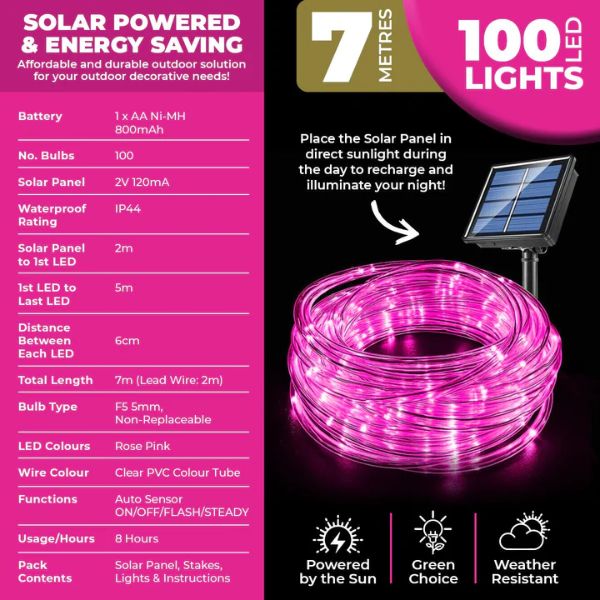 Rose Pink Led Solar Rope Light - 700cm