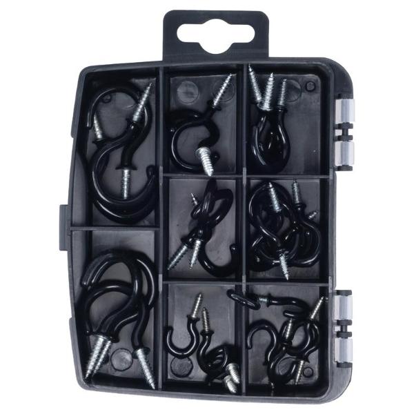 30 Pack Black PVC Assorted Fasteners & Fixings Screw Hooks In Storage Case