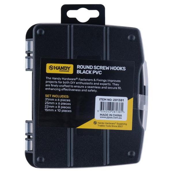 30 Pack Black PVC Assorted Fasteners & Fixings Screw Hooks In Storage Case