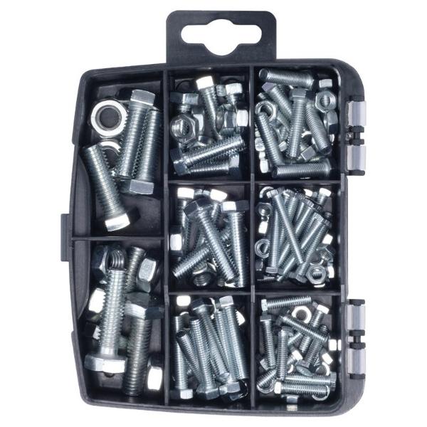 112 Pack Galvanised Iron Assorted Fasteners & Fixings Hex Head Nuts & Bolts In Storage Case