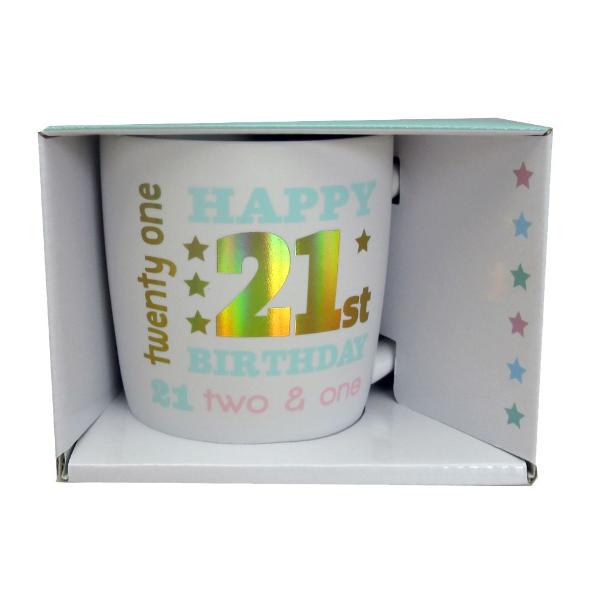 Ceramic Happy 21st White Gold Foil Mug - 350ml