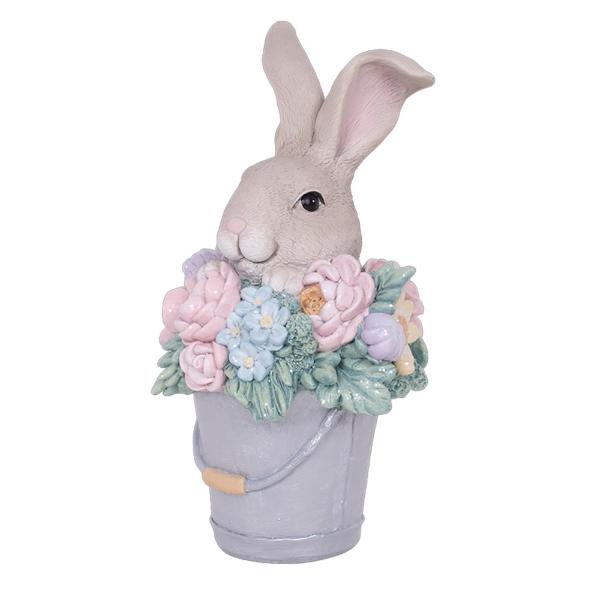 Resin Bunny In Pail With Flowers - 12.3cm x 11.2cm x 21.5cm