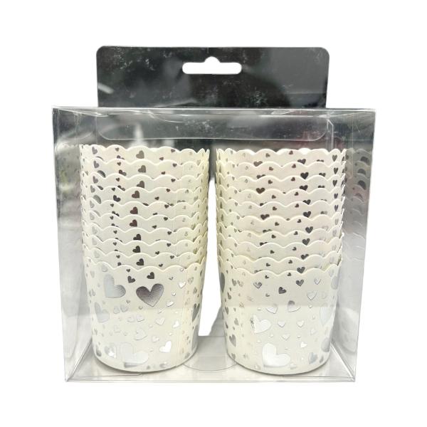 21 Pack White With Silver Hearts Cupcake Cases