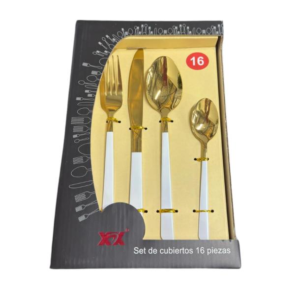 16 Pack White & Gold Cutlery Box Set