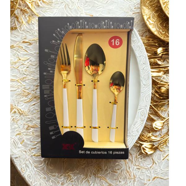 16 Pack White & Gold Cutlery Box Set