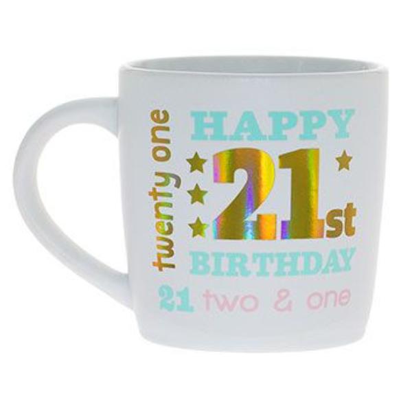 Ceramic Happy 21st White Gold Foil Mug - 350ml