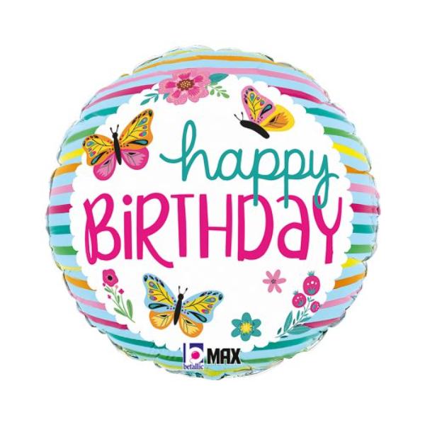 Round Colourful Butterflies Happy Birthday Foil Balloon - 45cm