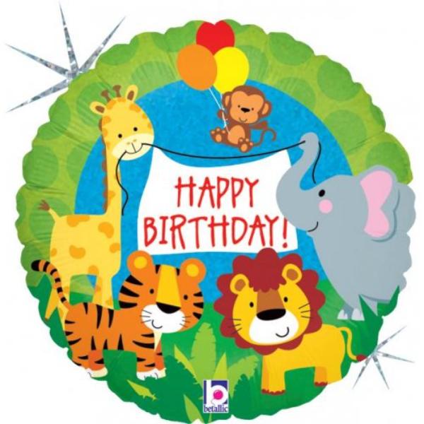Round Jungle Animals Holographic Birthday Foil Balloon - 45cm