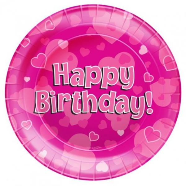8 Pack Pink Happy Birthday Plates - 23cm