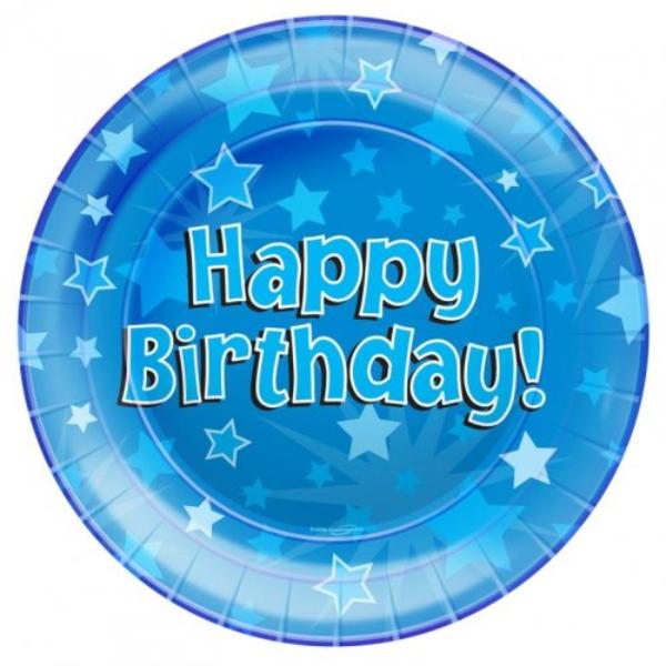 8 Pack Blue Happy Birthday Plates - 23cm