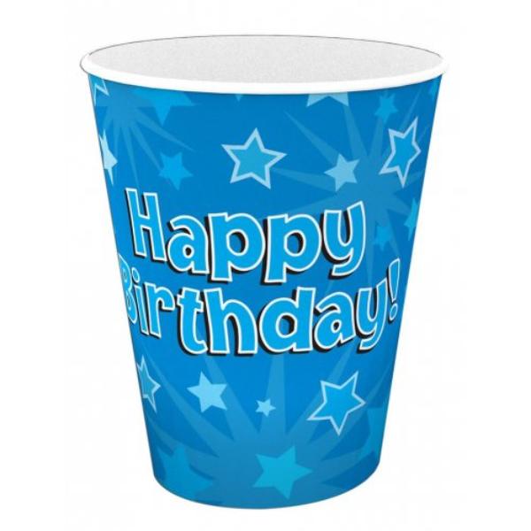 8 Pack Blue Happy Birthday Cups - 266ml