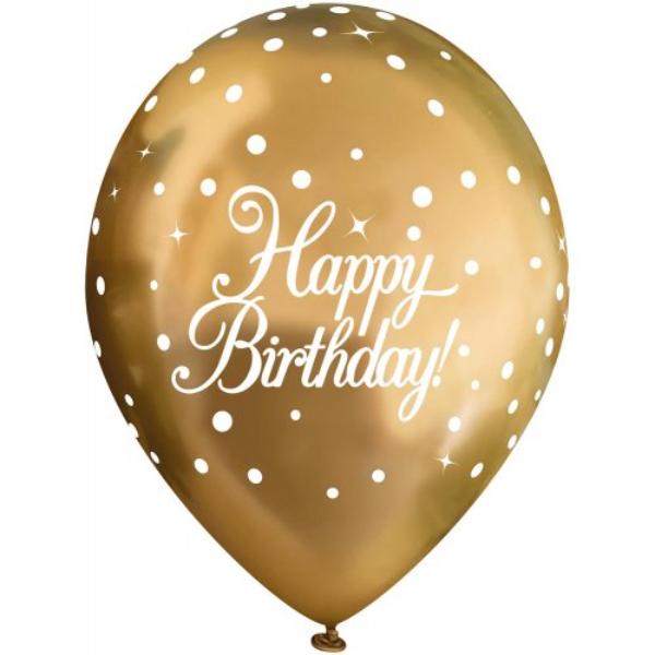 6 Pack Chrome Gold Sparkling Fizz Happy Birthday Balloons - 27cm