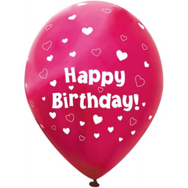 6 Pack Chrome Fuchsia Hearts Happy Birthday Balloons - 27cm