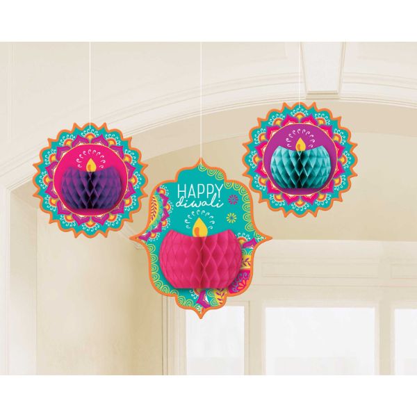 3 Pack Hanging Honeycomb Diwali Decorations - 26cm x 35cm