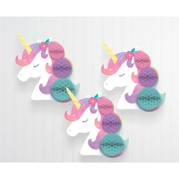 3 Pack Enchanted Unicorn Honeycomb Hanging Decorations - 23cm