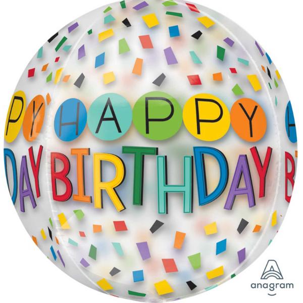 Rainbow Clear Happy Birthday Orbz Balloon - 38cm x 40cm