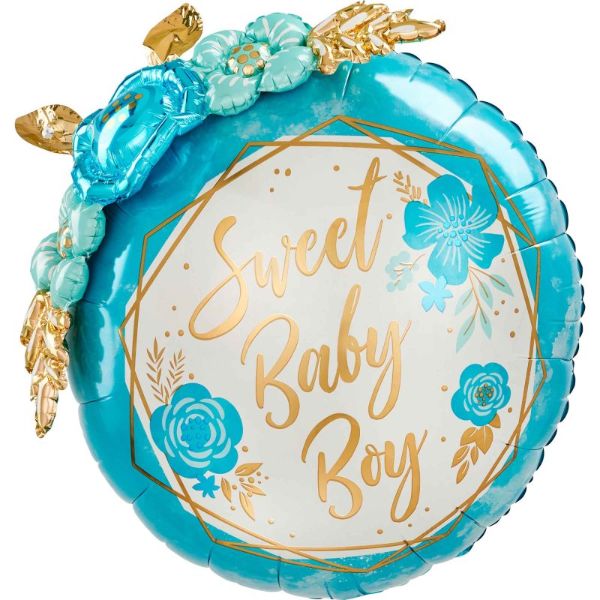 Blue & Gold Sweet Baby Boy Floral Foil Balloon - 61cm