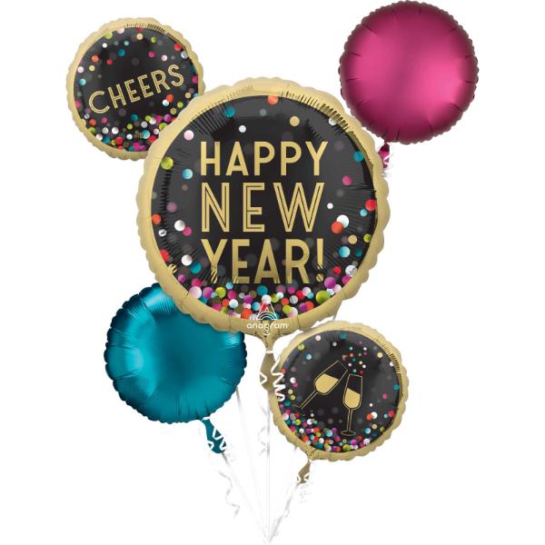 5 Pack Colourful Confetti Happy New Year Foil Balloon Bouquet