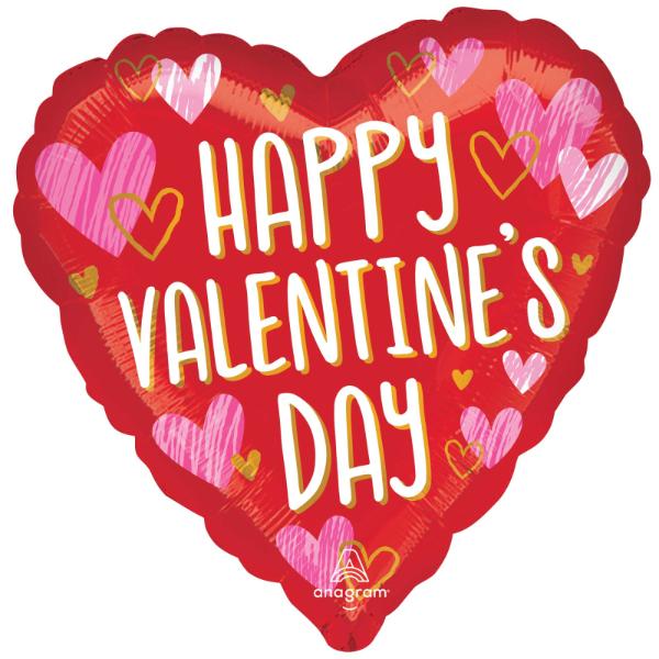 Happy Valentines Day HX Sketched Impressions Heart Foil Balloon - 45cm