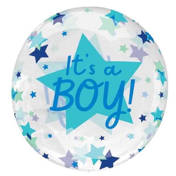White & Blue Printed Stars Clear Its A Boy Balloon - 45cm