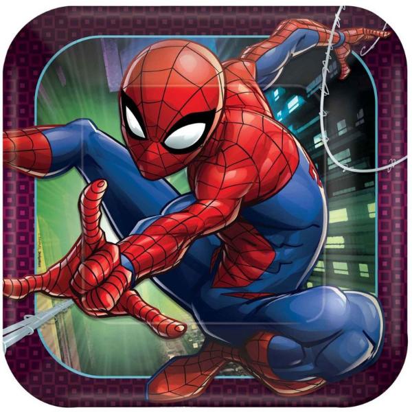 8 Pack Spiderman Webbed Wonder Square Paper Plates - 23cm