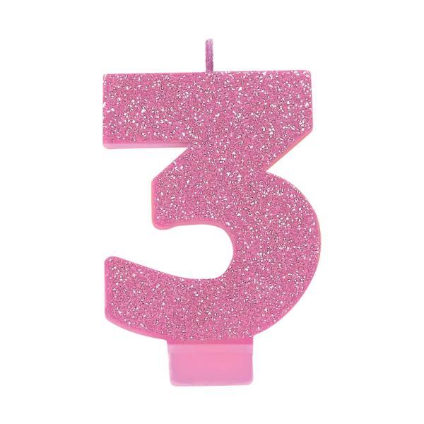 Glitter Pink Numeral 3 Candle - 8cm