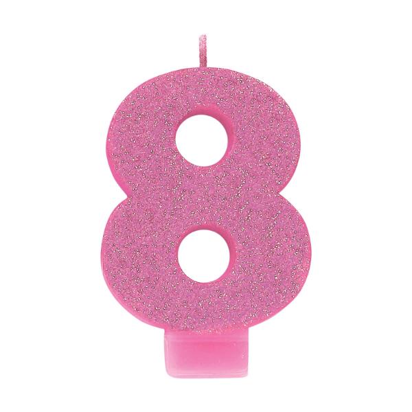 Glitter Pink Numeral 8 Candle - 8cm