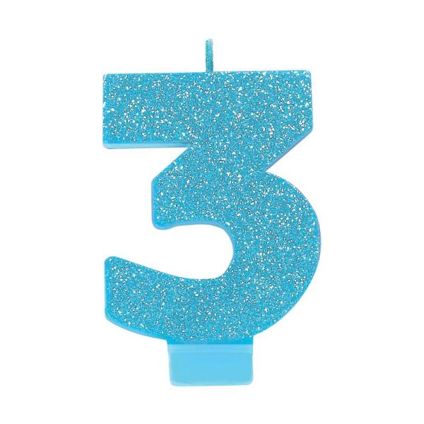 Glitter Blue Numeral 3 Candle - 8cm