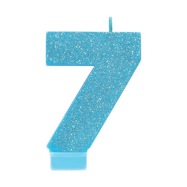 Glitter Blue Numeral 7 Candle - 8cm