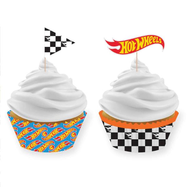 24 Pack Hot Wheels Cupcake Cases &amp; Picks Set - 5cm | The Base Warehouse