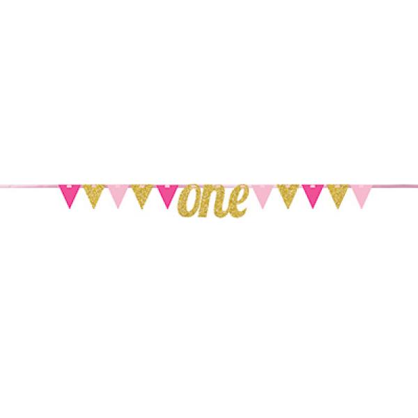 Gold & Pink Glittered One Banner Pennant - 20cm x 274cm
