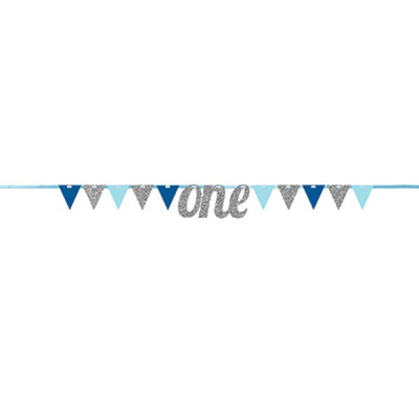 Silver & Blue Glittered One Banner Pennant - 20cm x 274cm