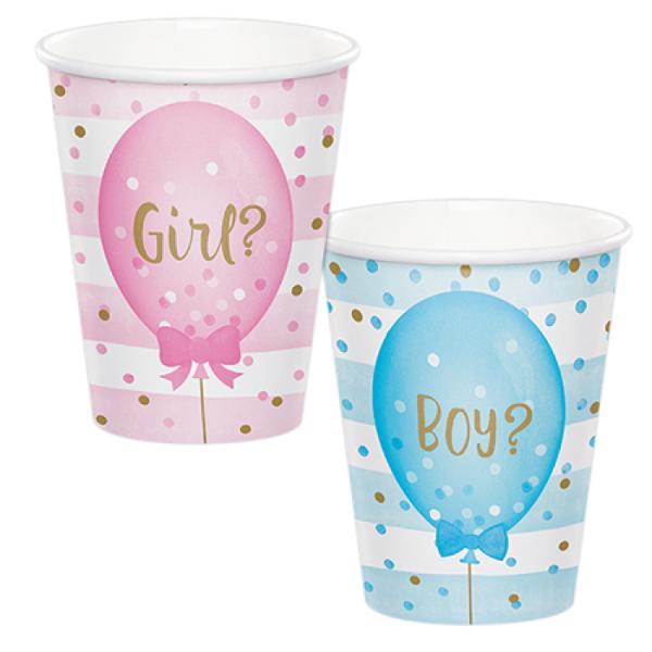 8 Pack Gender Reveal Balloons Paper Cups - 266ml