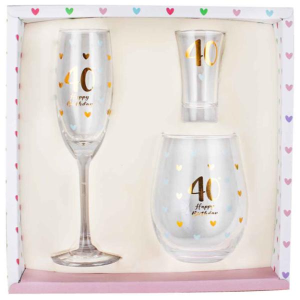 3 Pack 40th Birthday Glass Set