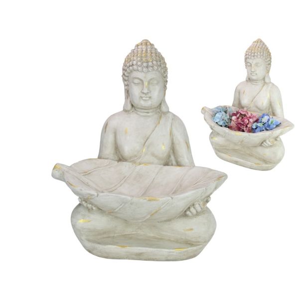 68cm White & Gold Brushed Buddha Holding Leaf