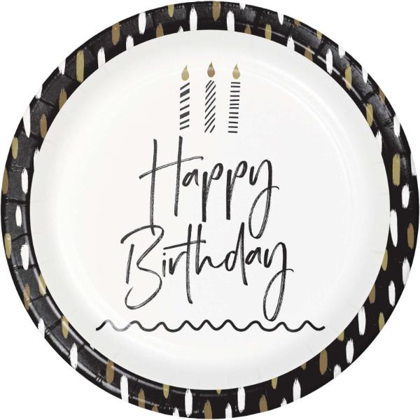 8 Pack Golden Wishes Happy Birthday Round Paper Plates - 23cm