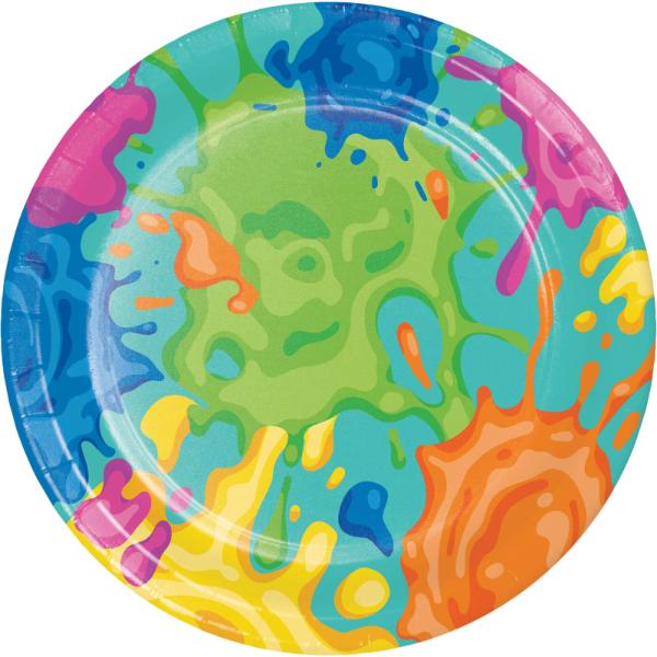 8 Pack Paint Splatter Round Paper Plates - 18cm