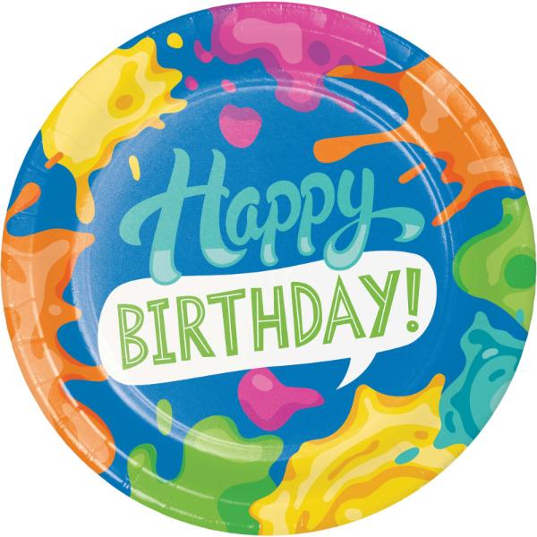 8 Pack Paint Splatter Round Happy Birthday Paper Plates - 23cm