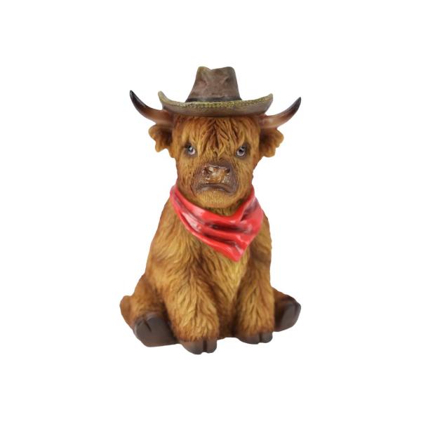 Sitting Highland Cow With Red Cowboy Hat - 19cm