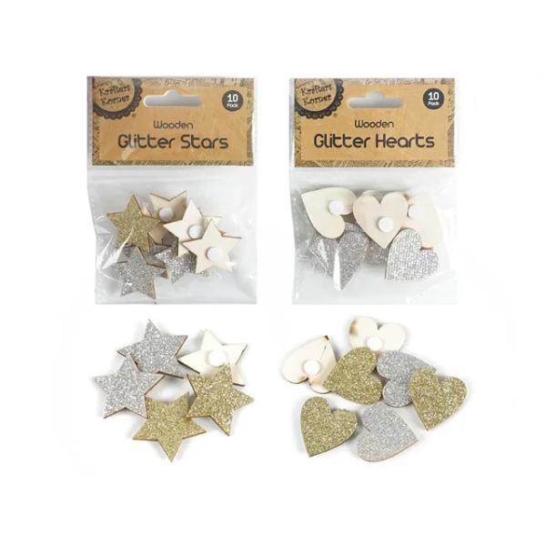 10 Pack Assorted Glitter Shape Wood - 3.5cm x 3.5cm