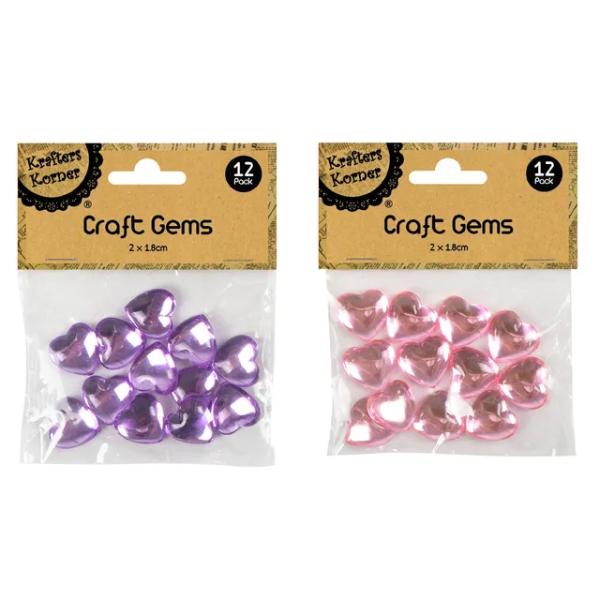 12 Pack Heart Gems Craft - 2cm