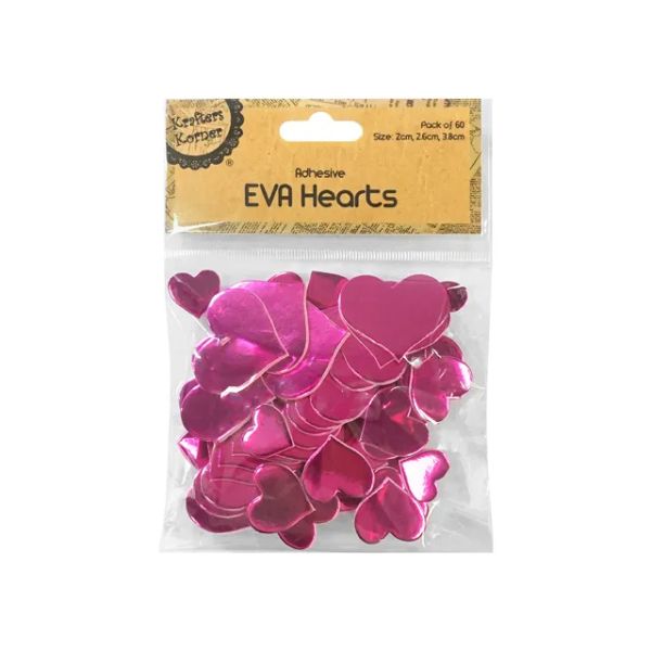 60 Pack Pink Adhesive Eva Hearts - 3.8cm, 2.6cm, 2cm